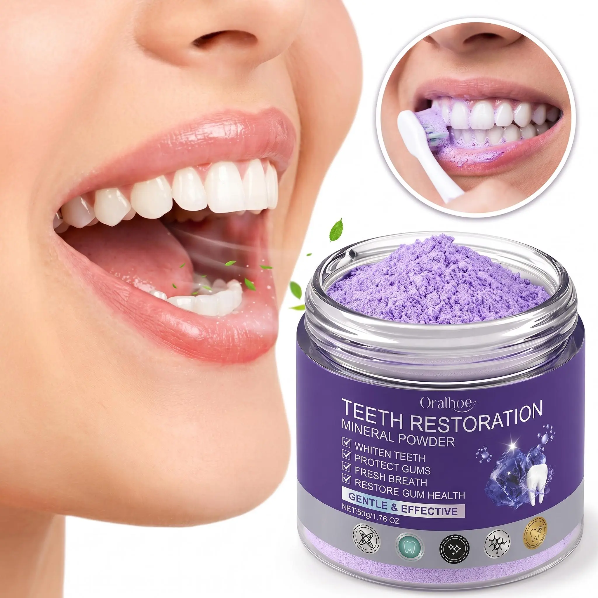 Purple Baking Soda Teeth Whitening Cleanser Powder - 1.76 fl oz/50g Violet Color-Correcting Gentle Oral Care Cleanser for Brightened Smiles, Fresh Breath Daily Routine