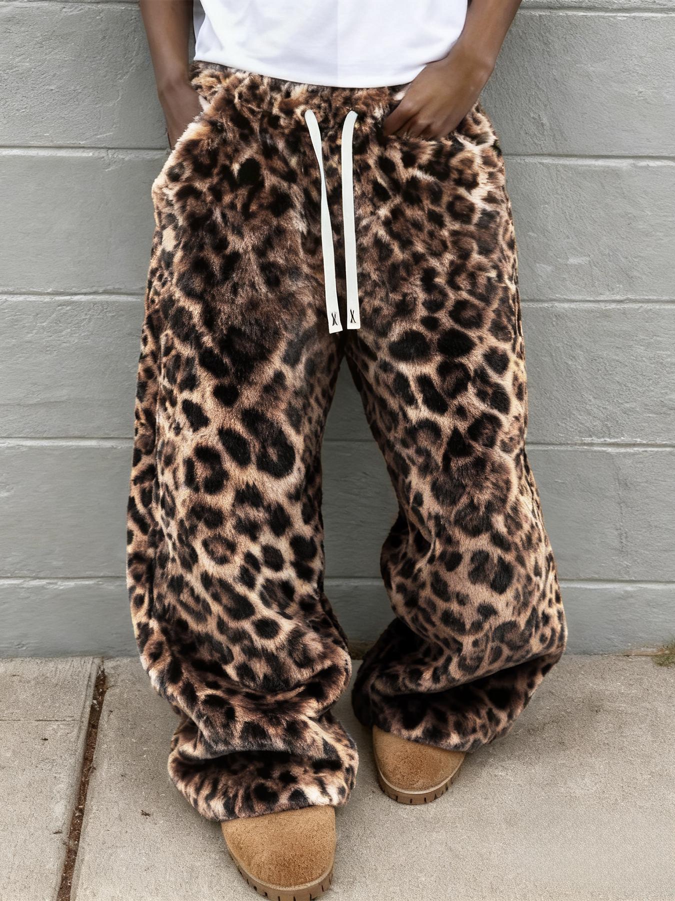 Unisex Leopard Print Fleece Pants, Soft Rabbit Fur Fabric, Fall Winter Warm Comfort, Street Hip Hop Style, Daily & Outdoor Wear, Streetwear
