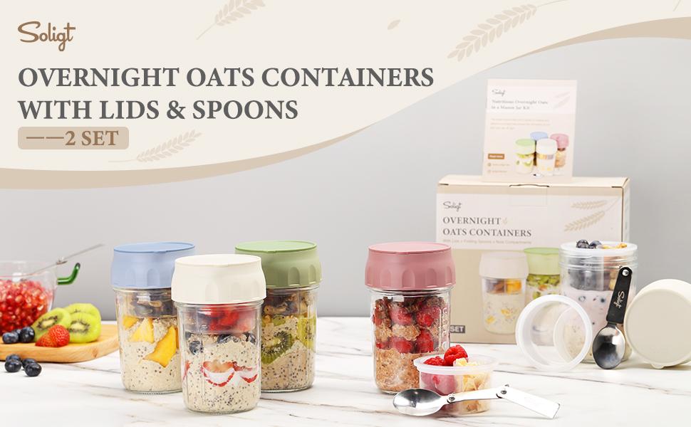 Soligt Overnight Oats Containers with Lids, Folding Spoons, and Divided Compartments for Fruit & Nuts, Small Glass 16oz Mason Jars for Oatmeal Yogurt Parfait Kitchen Utensils 2025 Canister Storage Portable Reusable Airtight Waterproof Tin