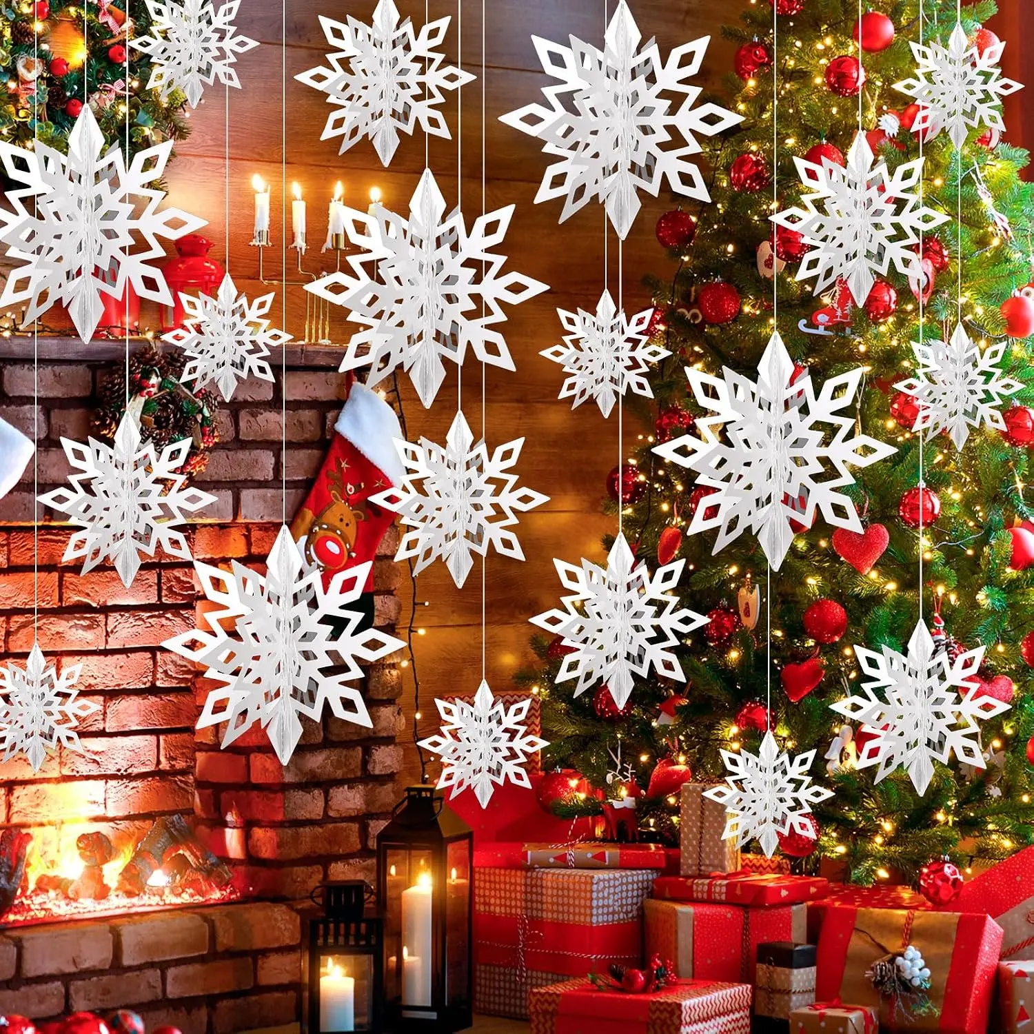 12 count  Snowflake Decorations,  White Paper Snowflake Ornaments, Large Snow Flakes Garland for Christmas Party Holiday  Year  Decorations
