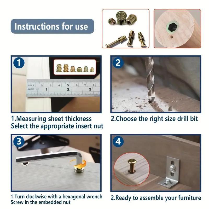 Threaded Inserts Set, 130pcs & 70pcs Nut Combo Tools for Woodworking, Durable Metal Bolts & Screws, Ideal for DIY Projects