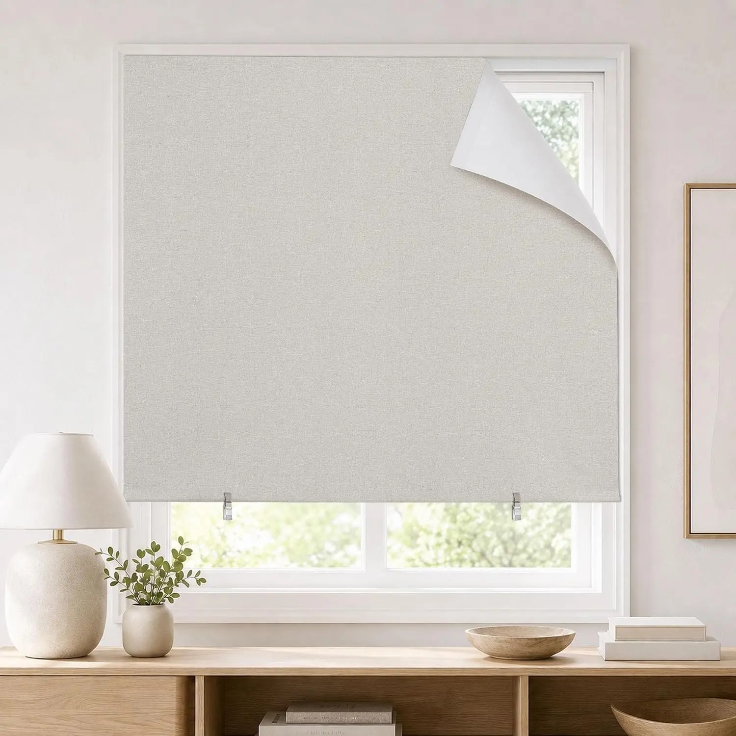 100% Blackout Roller Shades, No-Drill Adhesive Window Blinds, Indoor Blackout Curtains (58" W x 72" H, Light Beige)