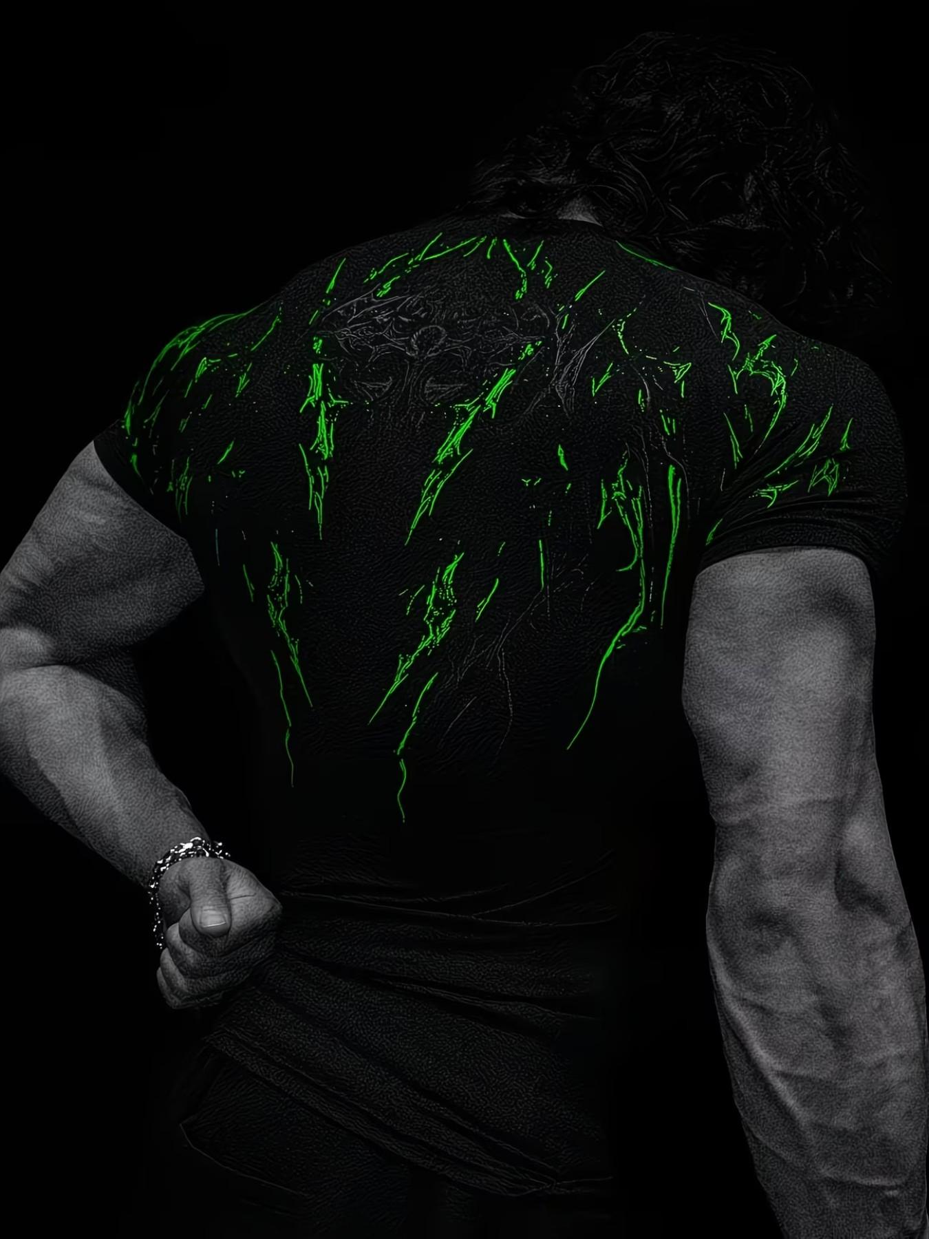 Men's High Elastic Quick-Dry Flame Print Sport T-Shirt, Slim Fit Breathable Short Sleeve, Muscle Training Running Workout Top