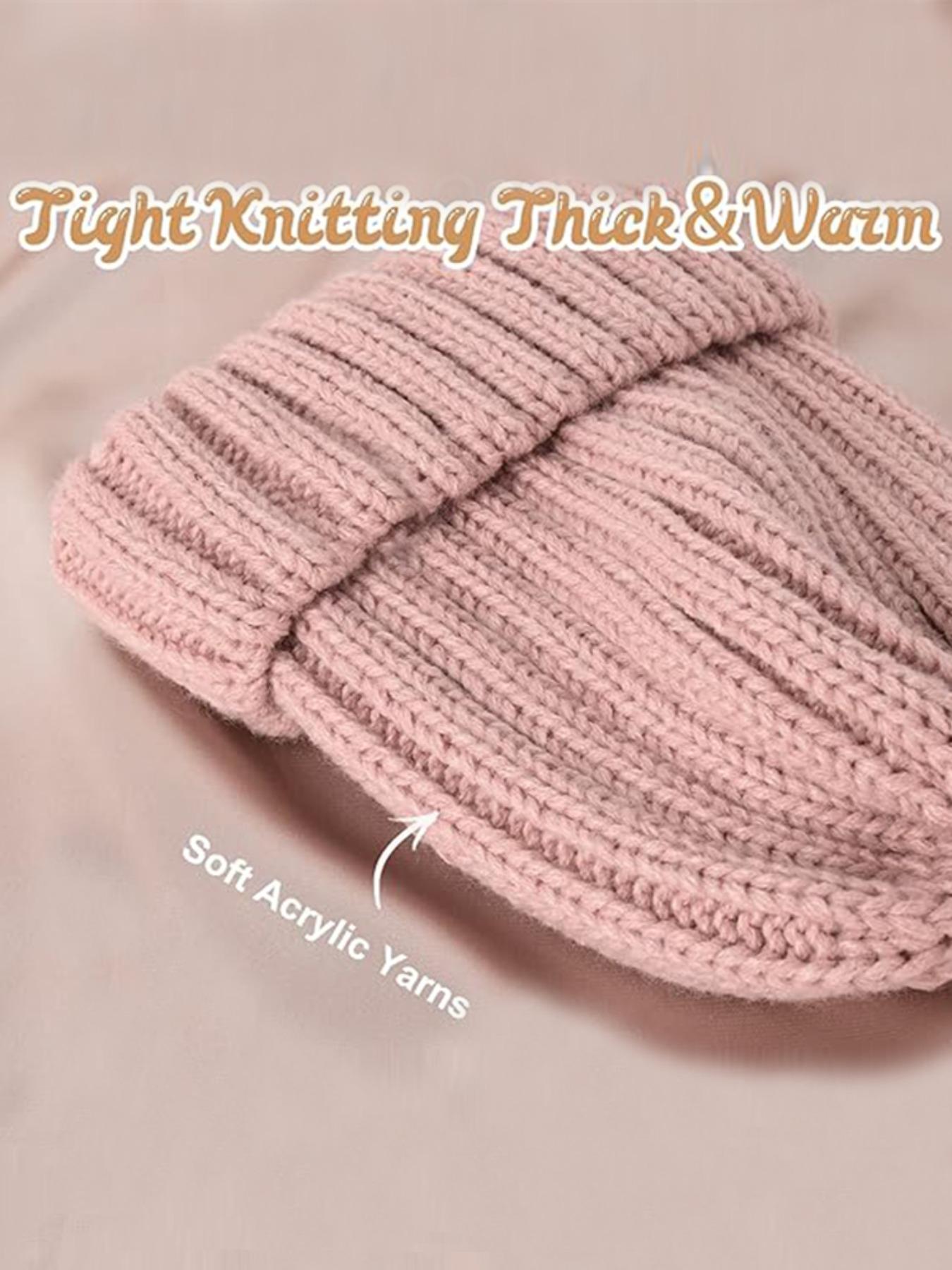 Unisex Plain Striped Beanie Hat, Satin Lined Knit Cap with Pom Pom, Warm Comfortable Windproof Winter Accessory, No Tag Design, Knitted Winter Hat