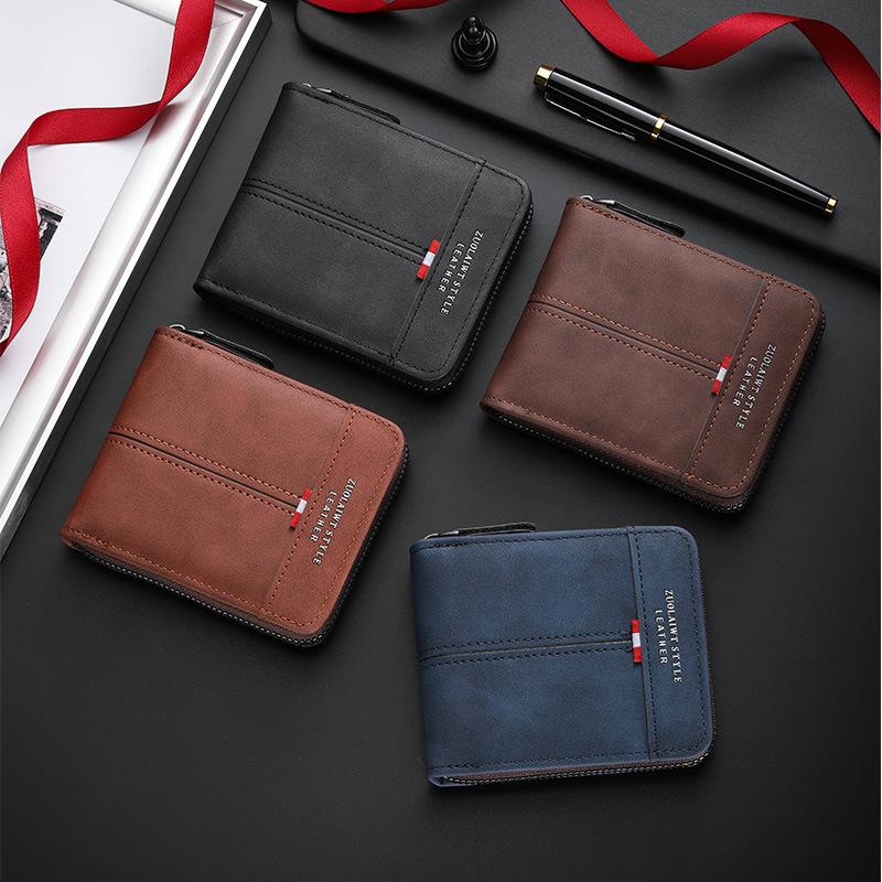 Men's  Zipper Short PU Leather Wallet Woven Tape Spliced Leather Vintage Purse Multifunctional and Multi Card ID Money Bag