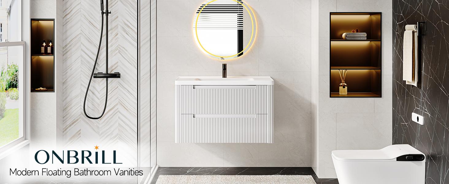 【SPOTLIGHT DAY】ONBRILL Modern Bathroom Vanity with Sink Combo, Curved Floating Bath Vanity with 2 Soft Close Drawer, Wall Mount Bathroom Vanities with Integrated Ceramic Sink for Small Space, Apartment