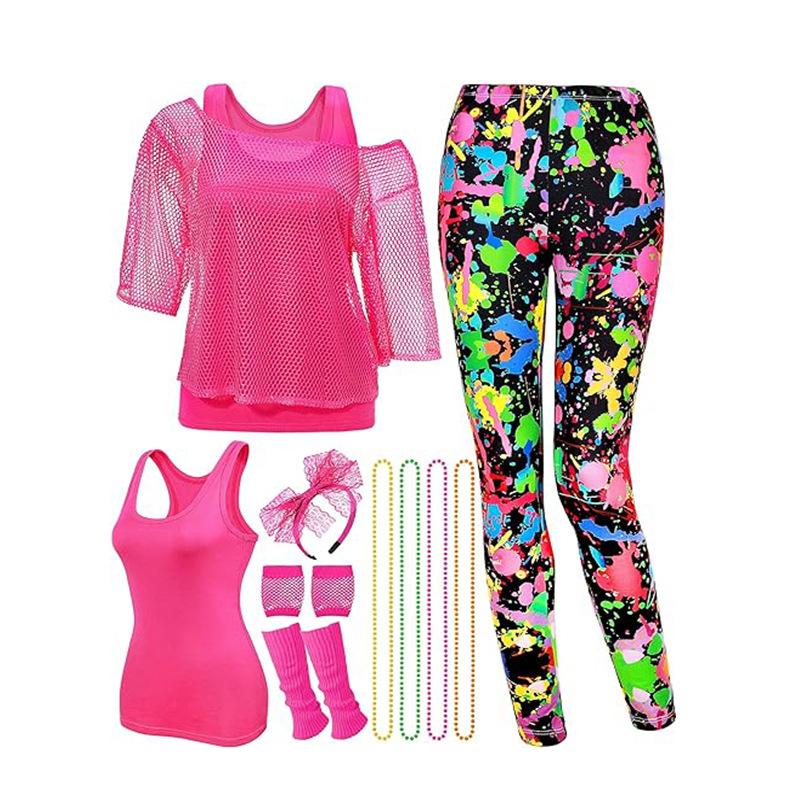 Women’s Neon Pink Mesh Top & Colorful Paint Splash Leggings Set - 80s 90s Rave Festival Outfit with Fishnet Shirt, Fingerless Gloves & Leg Warmers