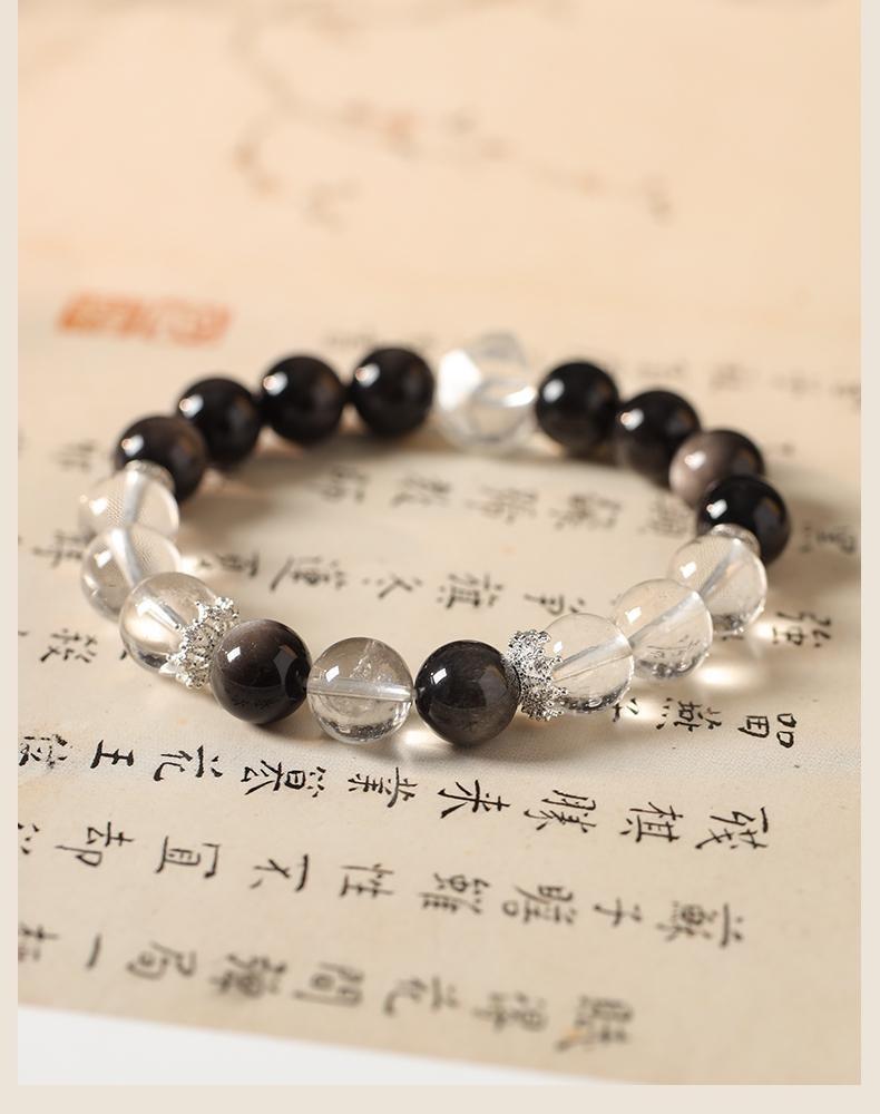 [Tai Chi Balance] crystal bracelet, white crystal silver obsidian, unisex, daily wear gift, 10mm beads natural stone, yin yang balance peace symbol
