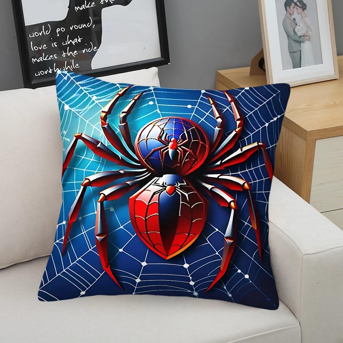 Large Spider Pattern Digitally Printed Throw Pillow (With Insert), 45cm Square Pillow, Featuring a Blue Sphere and Red Shield Design, Suitable for Sofas and Bedrooms, Eye-Catching and a Unique Cushion for Spider Enthusiasts.