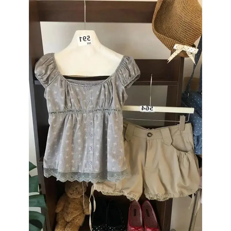 Cottagecore 2 Piece Shorts Set Women Gray Floral Puff Sleeve Blouse Beige Bloomers Lace Trim Vintage Summer Casual Outfit 2026