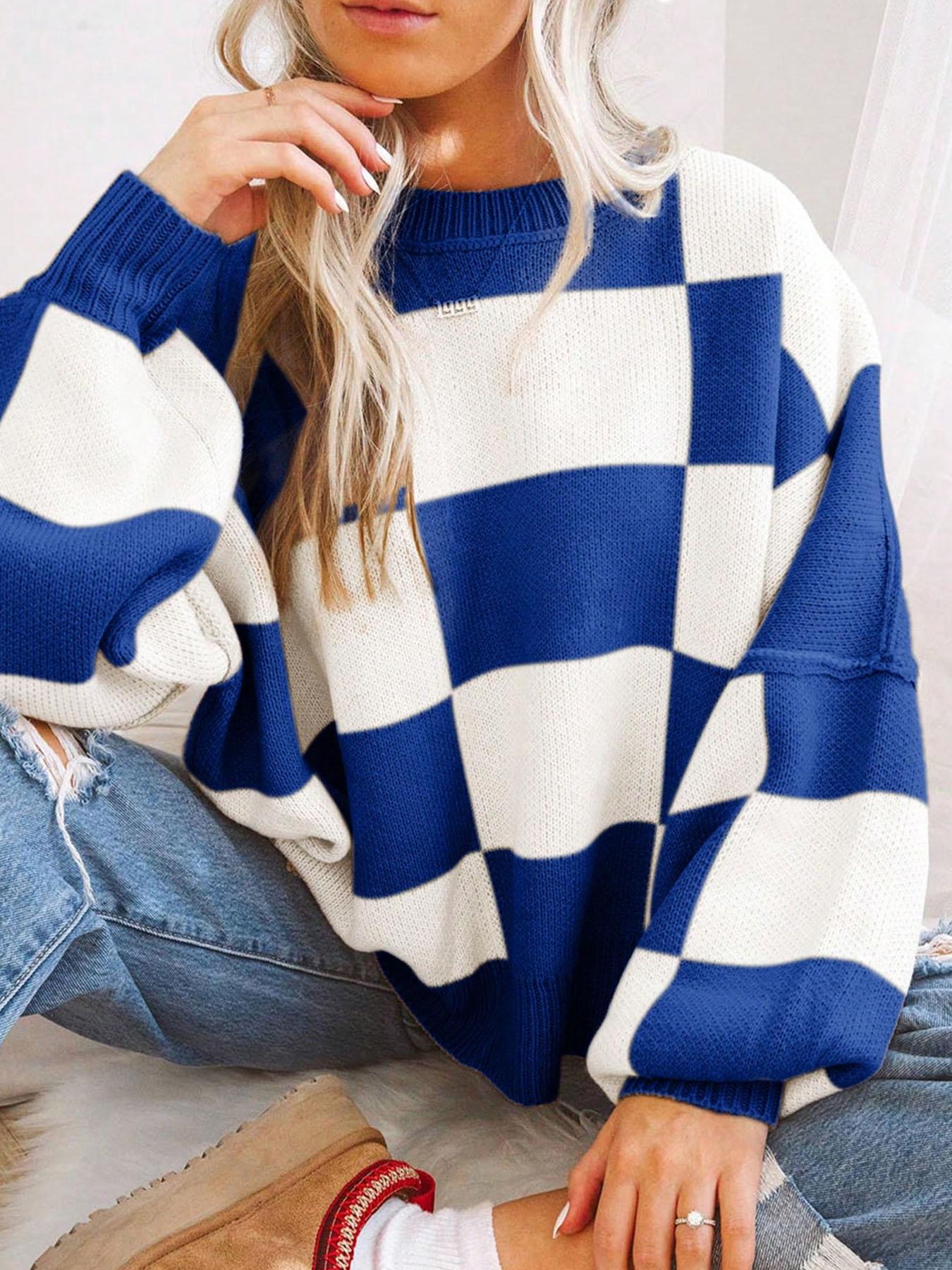 Plus Size Plaid Drop Shoulder Sweater, Casual Long Sleeve Knitwear for Fall & Winter, Loose-Fitting Round Neck Pullover for Women, Knitwear Tops