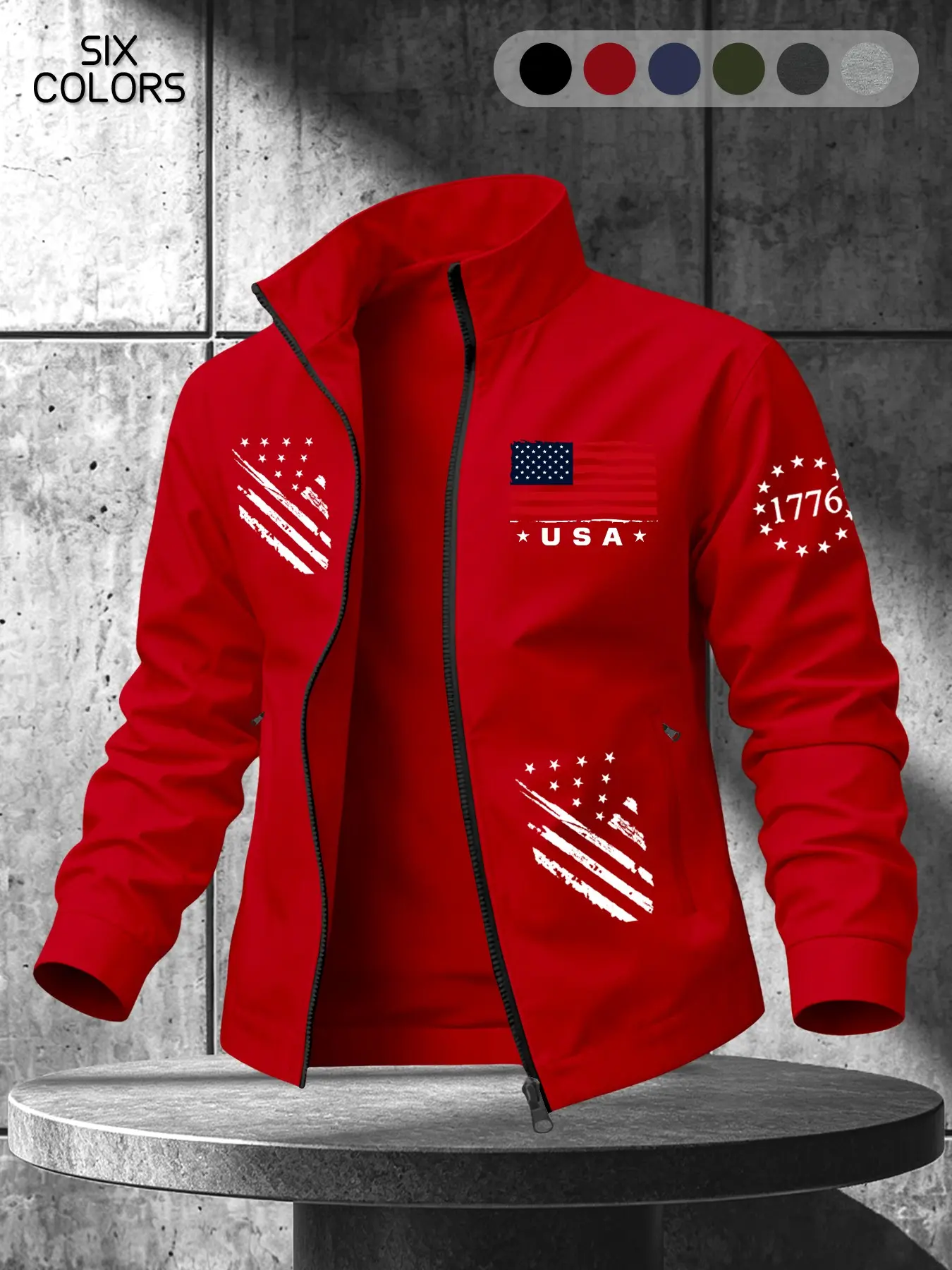 Men's USA Flag Retro Jacket, Casual Zipper Outerwear, Casual Outdoor Menswear, Daily and Festival Wear, Long Sleeve Fitted Sporty Style, Available in 6 Colors