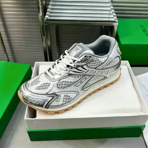 metallic silver overlay sneakers, diamond grid breathable mesh trainers Unisex Retro Running Sneakers, Silver Metallic Panel Breathable Grid Mesh Lace Up Shoes, Serrated Gum Lug Outsole Non Slip Outdoor Walking Athletic Trainers