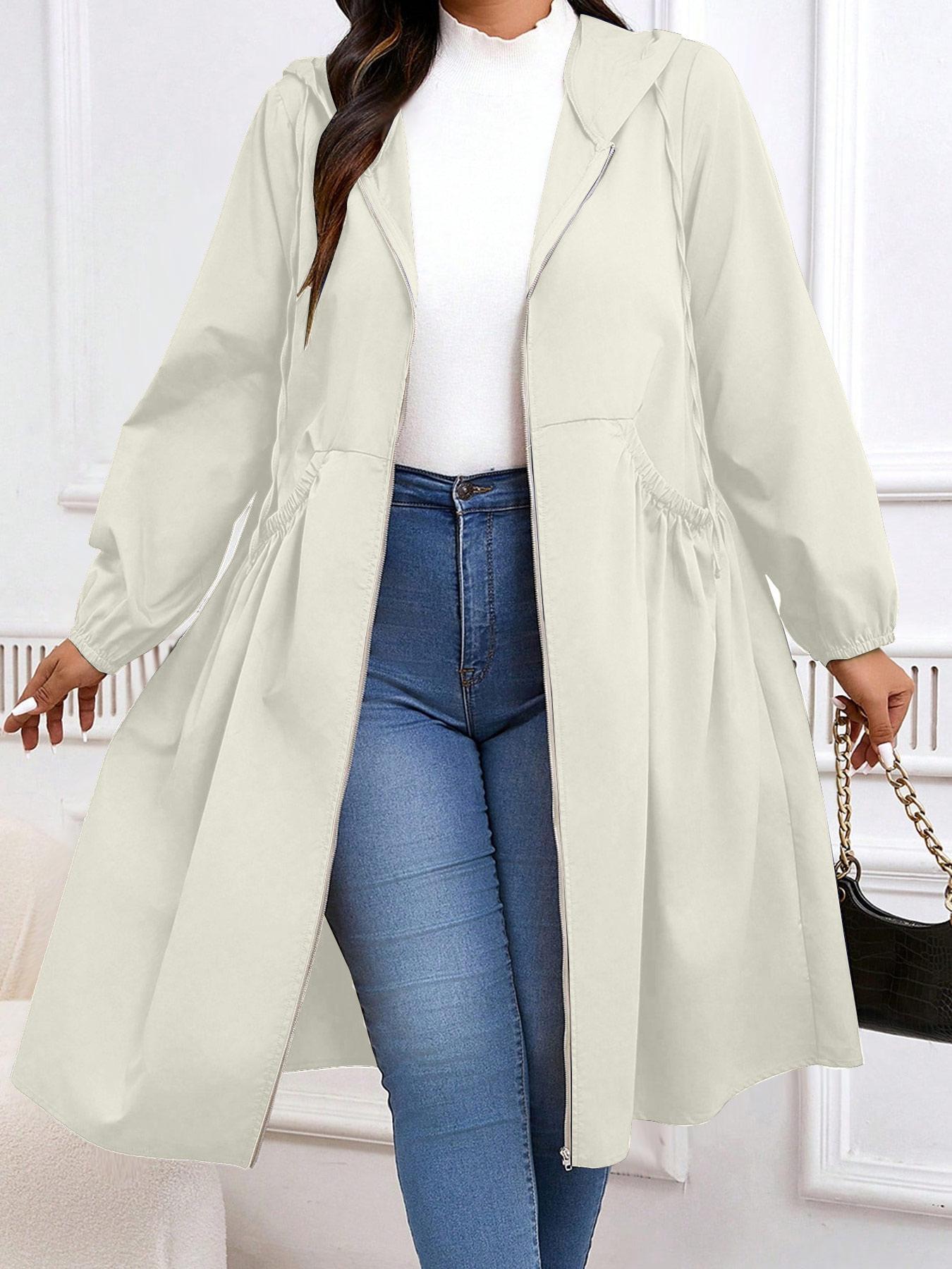 Plus Size Solid Drawstring Zip Up Hooded Coat, Casual Long Sleeve Pocket Outerwear for Fall & Winter, Women's Clothes for Daily Wear