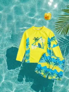 Boys' Beach Swimwear Set, Vibrant Palm Tree Design, Long Sleeve Sun Protection, Kids Hot Spring Swimsuit, Casual Fitted Suit