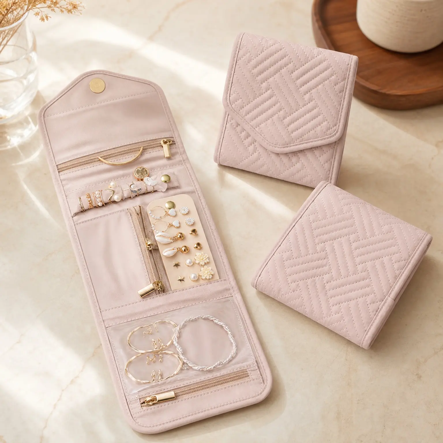 Travel Jewelry Organizer Case Foldable Jewelry Roll, Soft Pink - Small Portable Jewelry Roll for Rings, Necklaces, Earrings, Bracelets, MiniGift