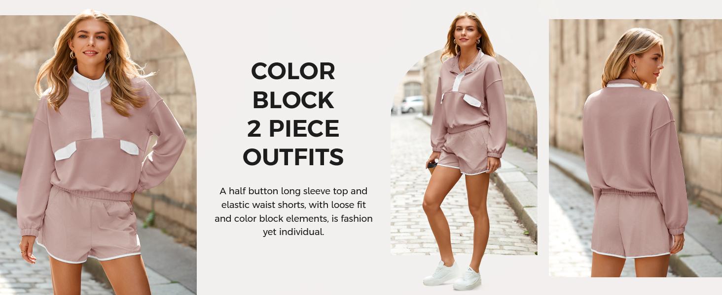 Fisoew Womens 2 Piece Outfits Sweatsuits Casual Snap Color Block Sweatshirts Running Shorts Sets Fall Loose Tracksuits FallFreshness SpringStatements