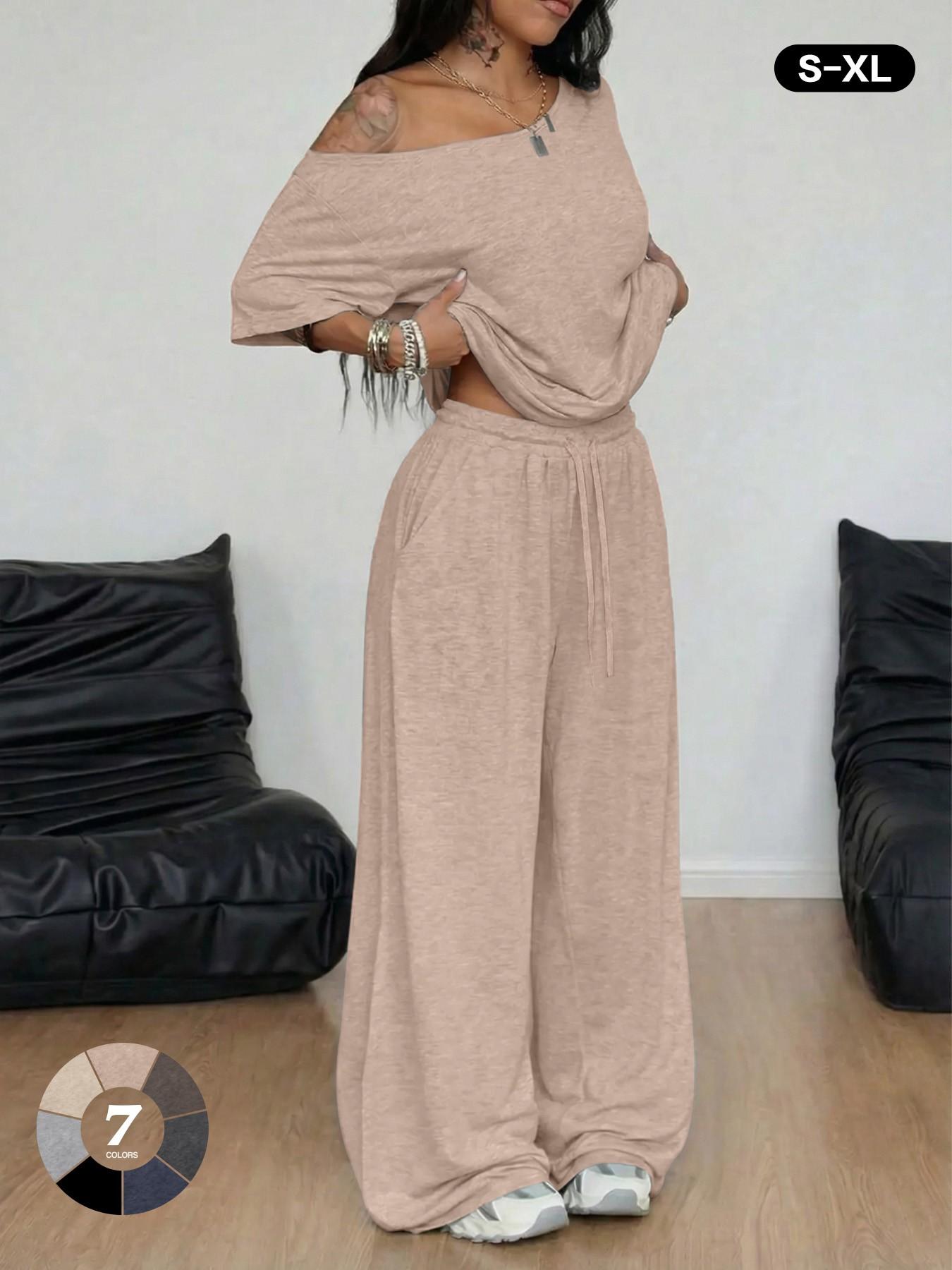 2026 French Minimal Off-The-Shoulder Loungewear Top, Summer Loose Short Sleeve, Drawstring Adjustable High Waist Wide Leg Pants, Figure-Flattering Casual, Casual Loungewear Sets