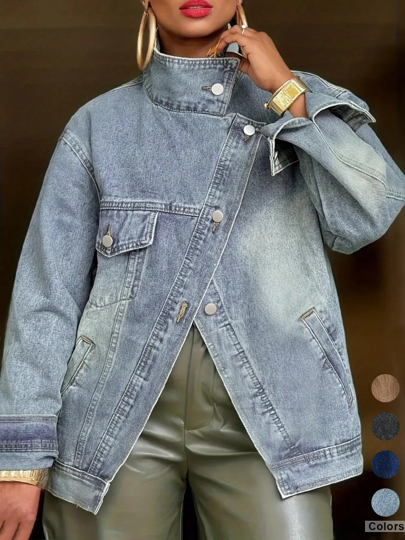 【Black Friday】Women's Vintage High Neck Asymmetrical Button Washed Denim Jacket, Street Style Versatile Multi-Pocket Outerwear for Spring & Fall