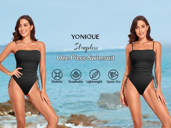 Yonique Women Strapless Tummy Control One Piece Swimsuit Bandeau Bathing Suit Cheeky Swimwear SwimWeek summervibes Yonique Women Strapless Tummy Control One Piece Swimsuit Bandeau Bathing Suit Cheeky Swimwear SwimWeek summervibes