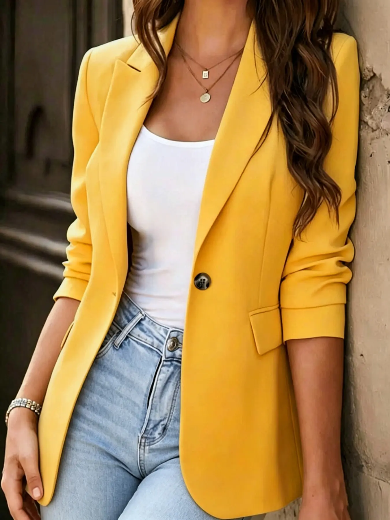 Women Single Button Blazer, Long Sleeve Notch Lapel, Flap Pockets, Relaxed Loose Fit, Casual Daily Vintage, Stylish Jacket