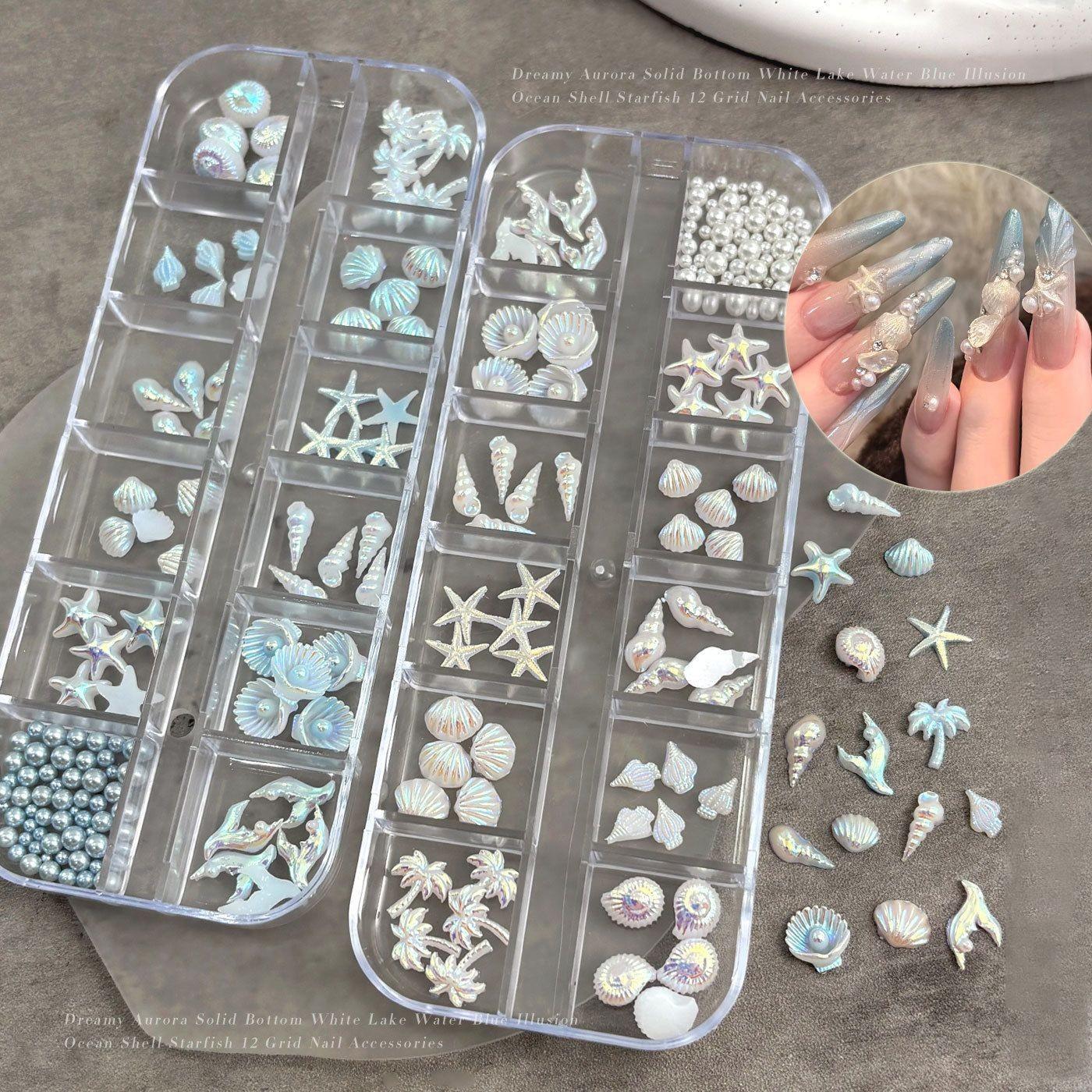 Light Blue Nail Charm Set - Pearl Starfish Shell Nail Pressing DIY Accessory Kit, Ocean Mermaid Style Acrylic Fake Tips, Perfect for Halloween, Christmas, New Year Party Nail Decoration
