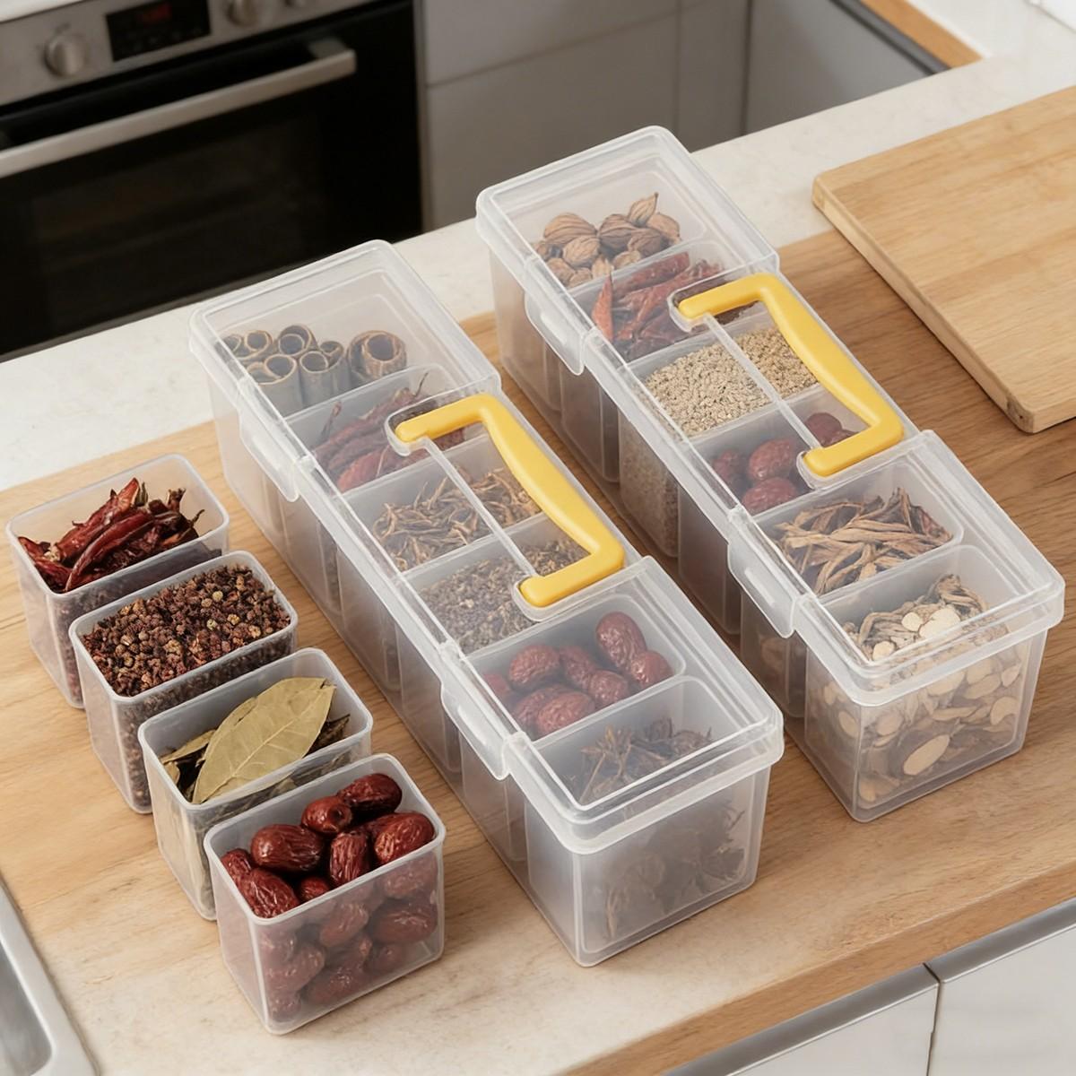 7 PCS Storage Box Set, clear plastic containers for spices, grains, and snacks, easy-access design for kitchen organization, perfect for home cooking, meal prep, and countertop storage