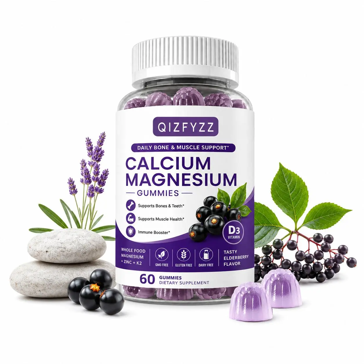 Calcium Magnesium Gummies with Vitamin D3 & K2 – Plant-Based Bone Strength Supplement for Women & Men, Supports Bone Health, Muscle Relaxation, Calm Mood & Better Sleep
