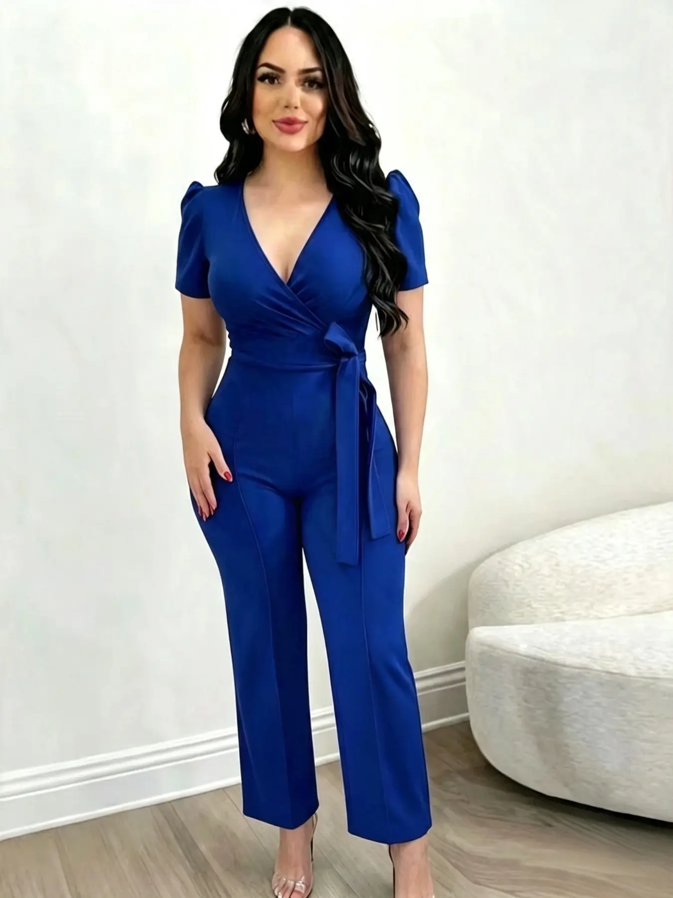Fashion Summer Solid Color Basic Casual Chic Cute V-Neck Jumpsuit, Vacation Style Elegant Short Sleeve Waist Belted Jumpsuit, Beach Holiday Jumpsuit, Elegance Womenswear