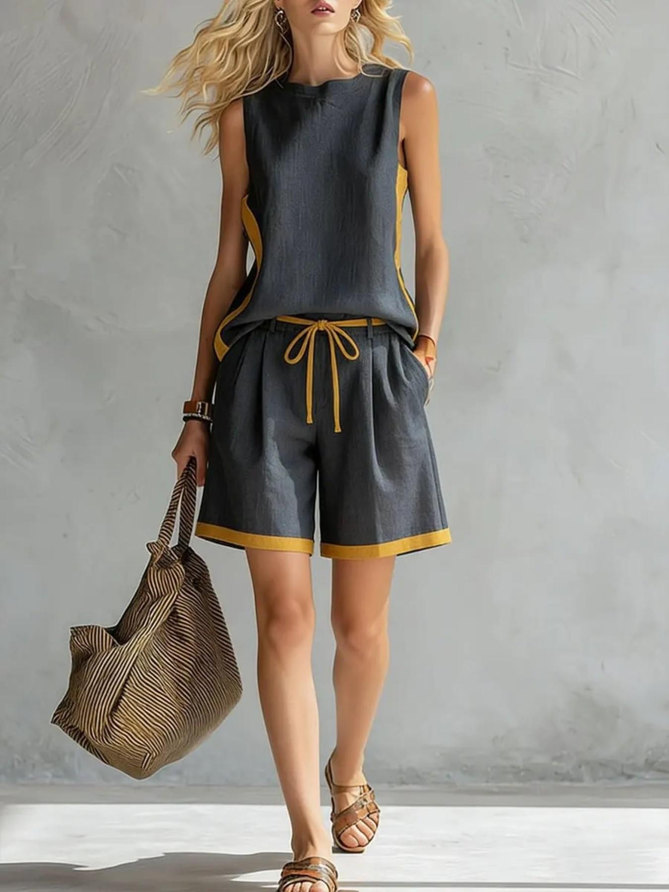 2026 Summer Women Sleeveless Top Color Block Two Piece Set Casual Fashion Wide Leg Pants Matching Outfits Trendy Daily Women Clothing Lady