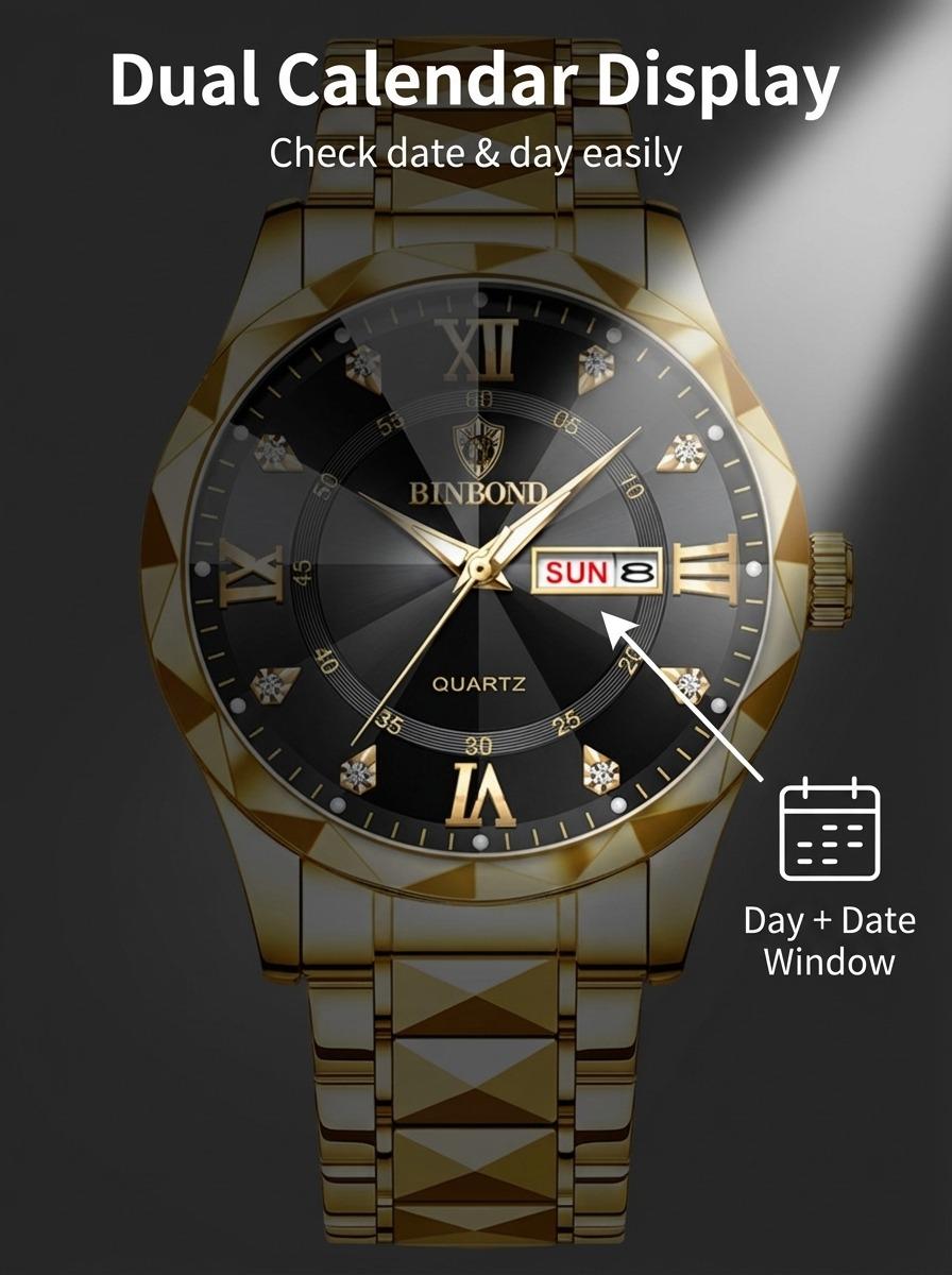 Men's Business Fashion Rhinestone Decor Analog Quartz Watch, Calendrier Waterproof Watch for Party, Daily Decor, Trendy Exquisite Watch for Birthday Gift with Box, Business Fashion Watches