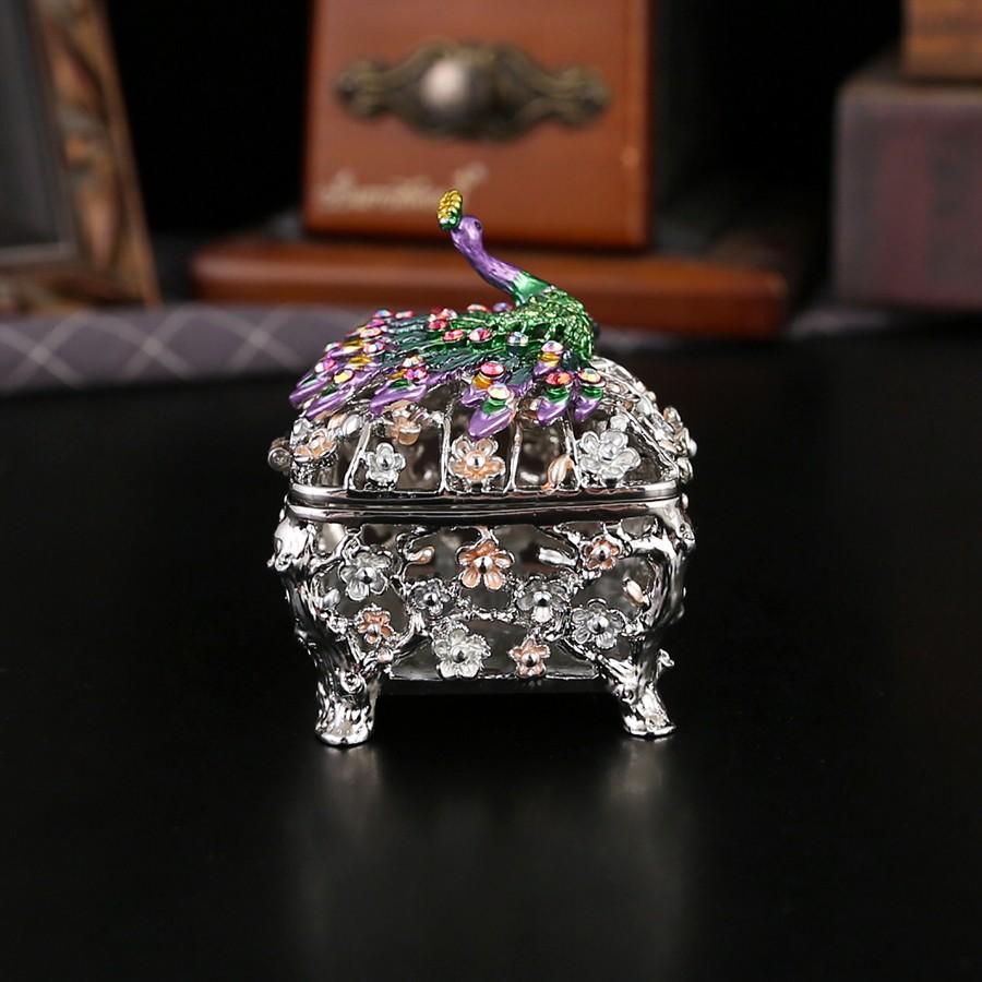 Elegant Silver Color Peacock Jewelry Box, Intricate Lace Design, Vanity Organizer, Trendy Oriental Luxury Decor, Perfect for Accessories Storage