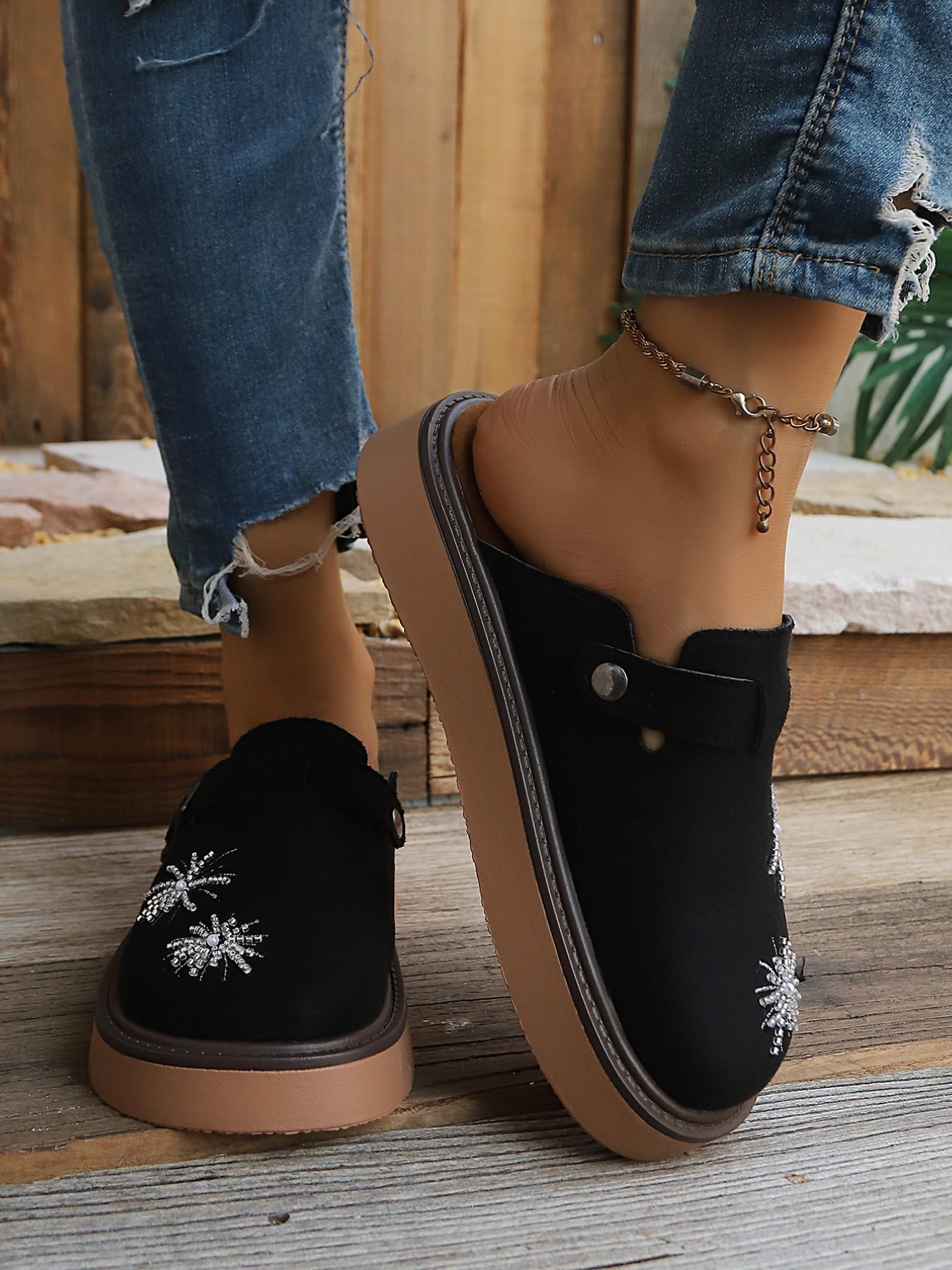 New Vintage Fashion Comfortable Large Size Rhinestone Fireworks Buckle Slip-On Shoes, Versatile Multi-Function Casual Women's Thick Soled Mules