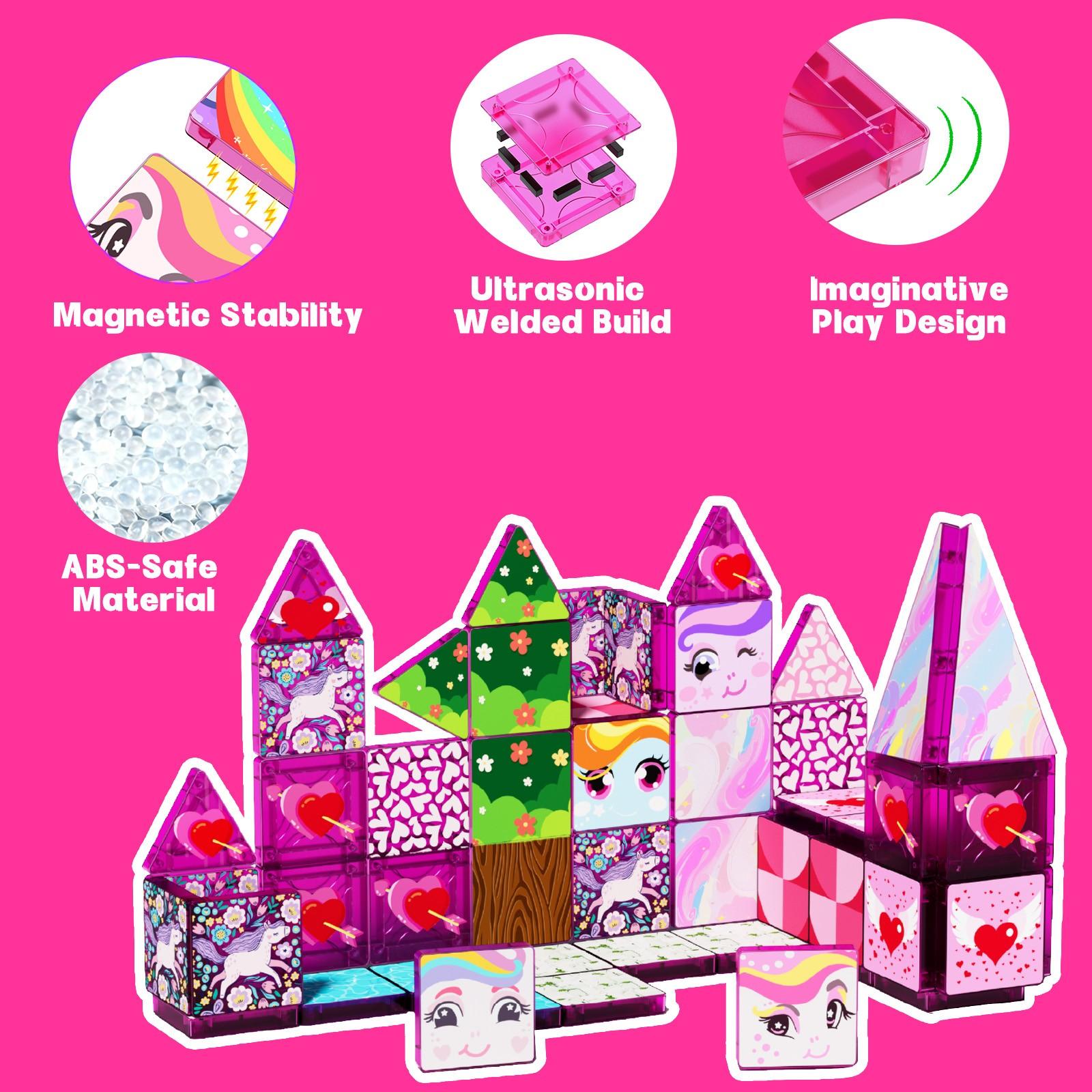 【New Sticker Set】60PCS,1.48inch Creative Sticker Magnetic Tiles,My Little Pony，Magnet Building Blocks Cubes Construction Stacking Educational Assembly Toy Preschool STEM Play Creative Playboard for Toddler Kids Ages 3+,Kids Toys best gift