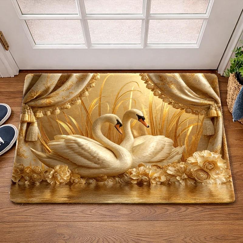 Luxury Swan Floral Rug Soft Flannel Non Slip Rubber Backing Machine Washable Indoor Outdoor Floor Mat Multipurpose Decor Perfect For Living Room Bedroom Kitchen Bathroom Entryway Door Mat Pet Mat Home Decoration Treads Stair Non-Slip