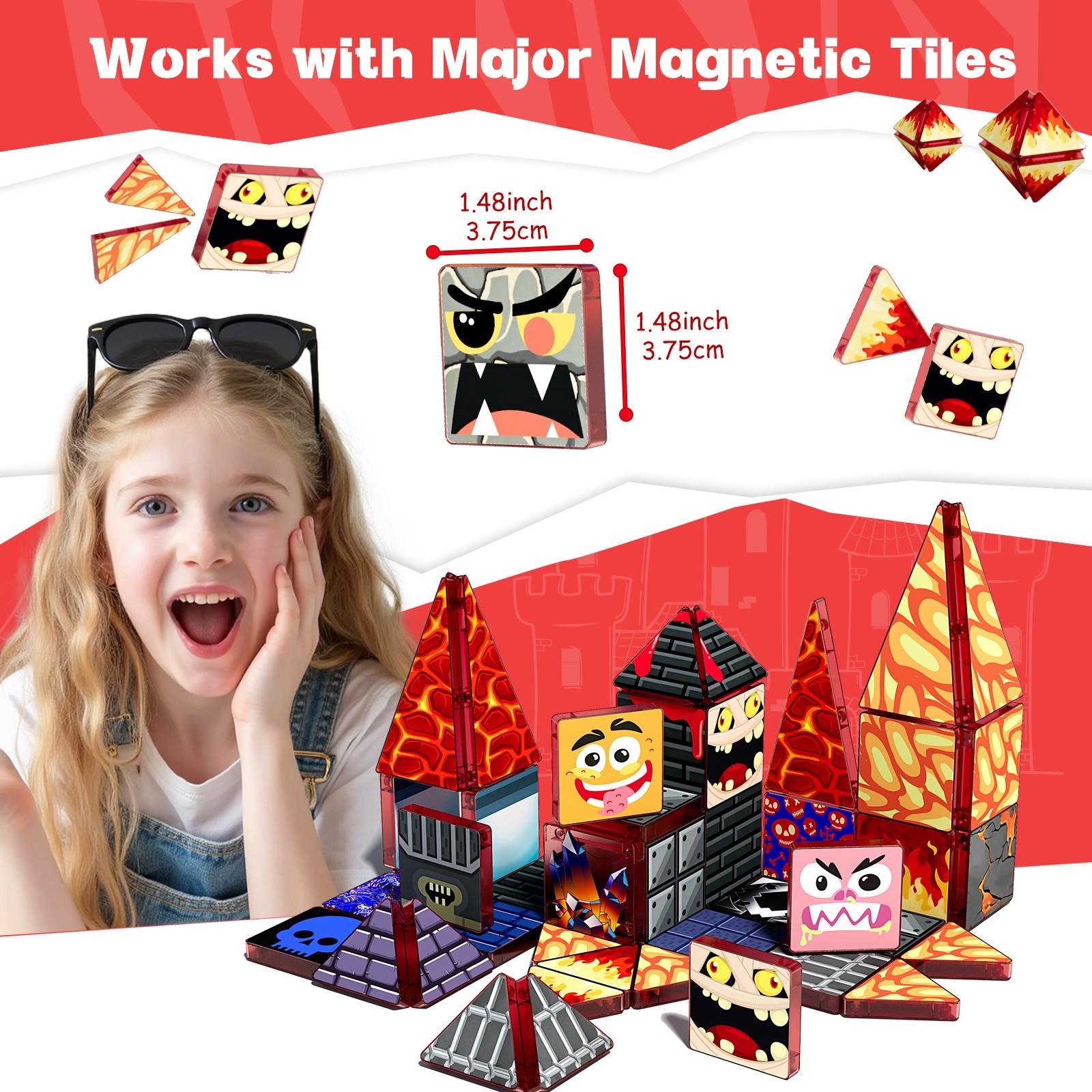 【New Sticker Set】60PCS,1.48inch Creative Sticker Magnetic Tiles,Cave Creatures，Magnet Building Blocks Cubes Construction Stacking Educational Assembly Toy Preschool STEM Play Creative Playboard for Toddler Kids Ages 3+,Kids Toys best gift