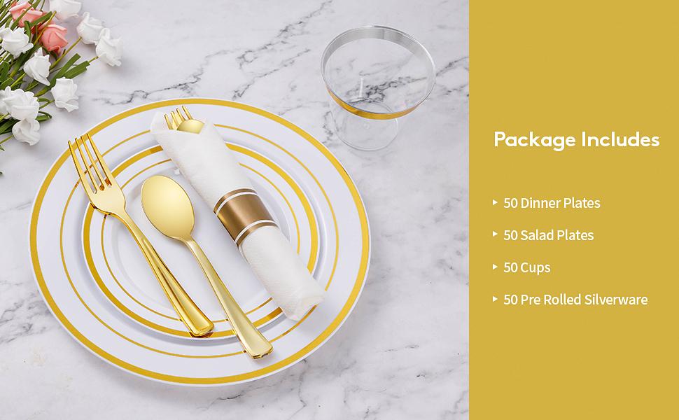 GOODLUCK Thick Plastic Dinnerware Set (350PCS for 50 Guests) - Disposable Plates, Plastic Cups, Disposable Spoons, Napkins, Reusable Option for Weddings, Baby Showers, Christmas, Business Events