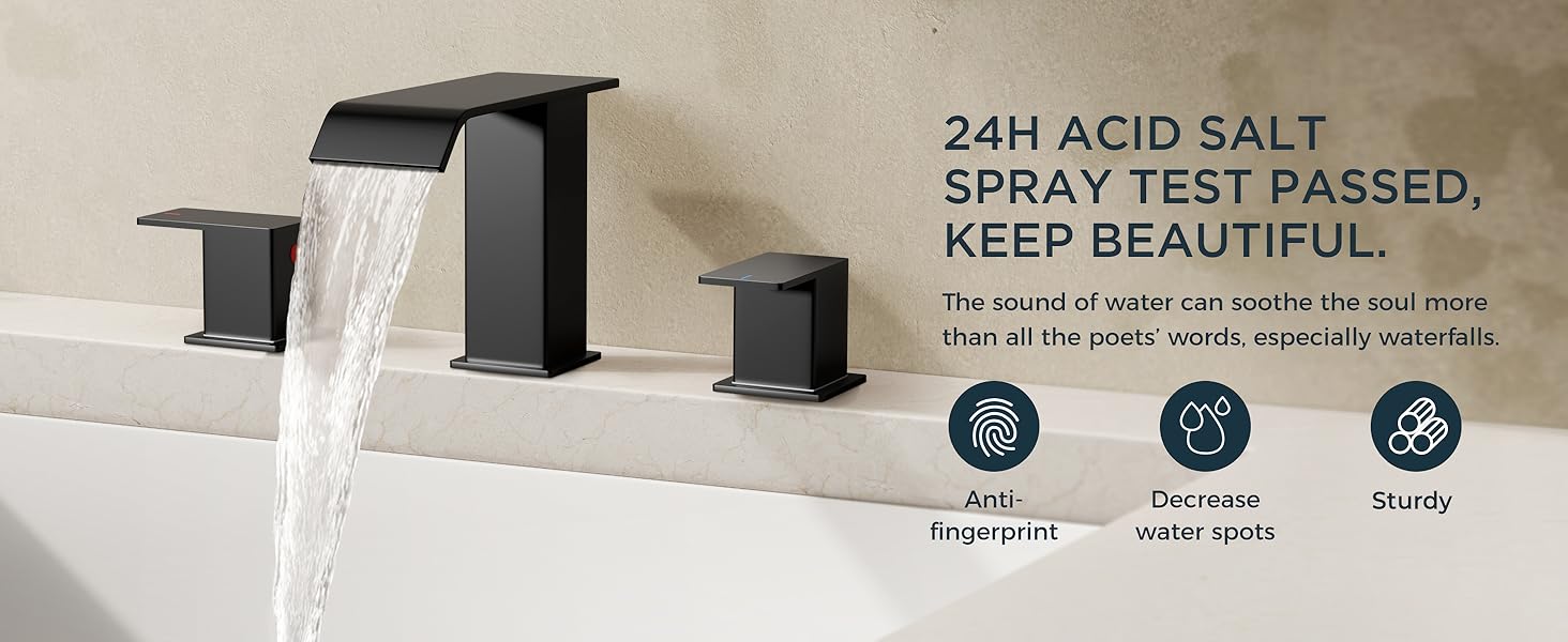 FORIOUS Bathroom Faucets 3 Hole Black Gold Brushed Nickel - 8 Inch Widespread Bathroom Sink Faucet Waterfall Spout with Pop Up Drain and Water Supply, Suitable for Vanity RV Commercial Lavatory Restroom