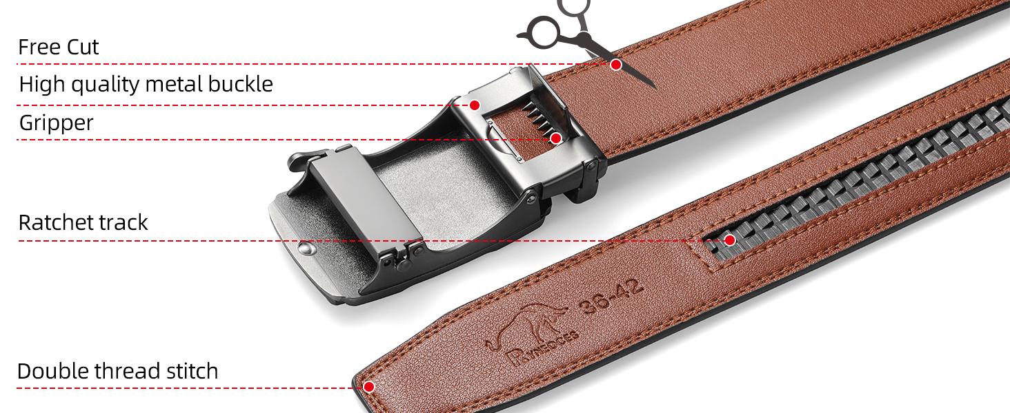 RYNEOCES Men's Leather Ratchet Belt – Automatic Adjustable Buckle, Casual & Dress Belt, Perfect Gift