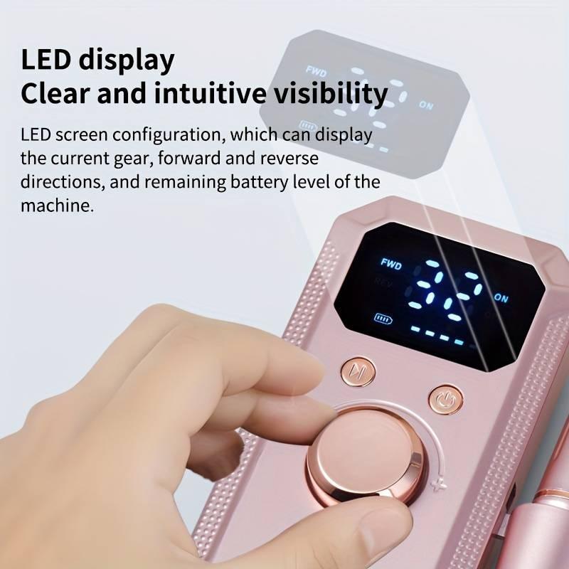 BASIC SUPPLY Professional electric nail polishing machine, LED display screen, multiple polishing heads, 32 adjustable gears, forward and reverse rotation polishing, high-efficiency power, compact design, perfect gift for female nail art