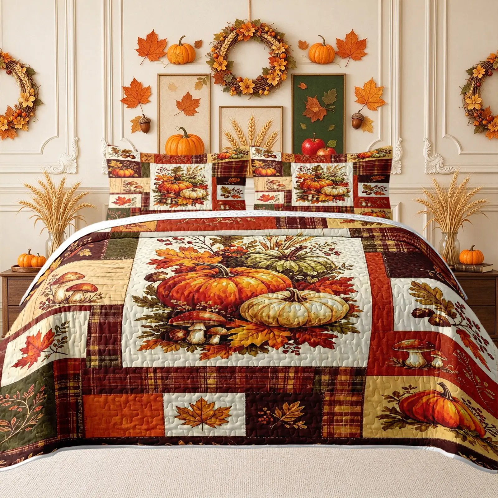 3pcs Autumn Pumpkin Maple Patchwork Quilt Set includes 1 quilt and 2 pillowcases, harvest retro fall style, reversible bedding, pumpkin mushroom and maple leaf elements, warm earth tones, suitable for Thanksgiving and autumn Bedding Sets