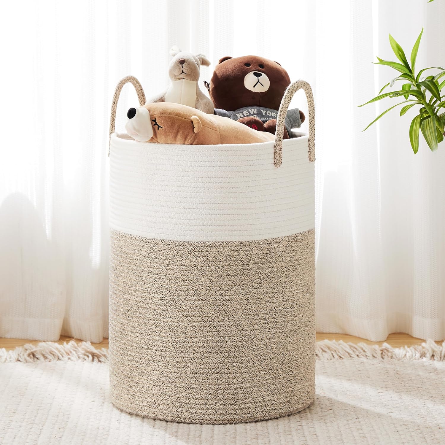 Rope Laundry Basket by , 58L Woven Collapsible Laundry Hamper, Clothes Hamper with Reinforced Handles in the Laundry Room, Bedroom, Bathroom, Brown
