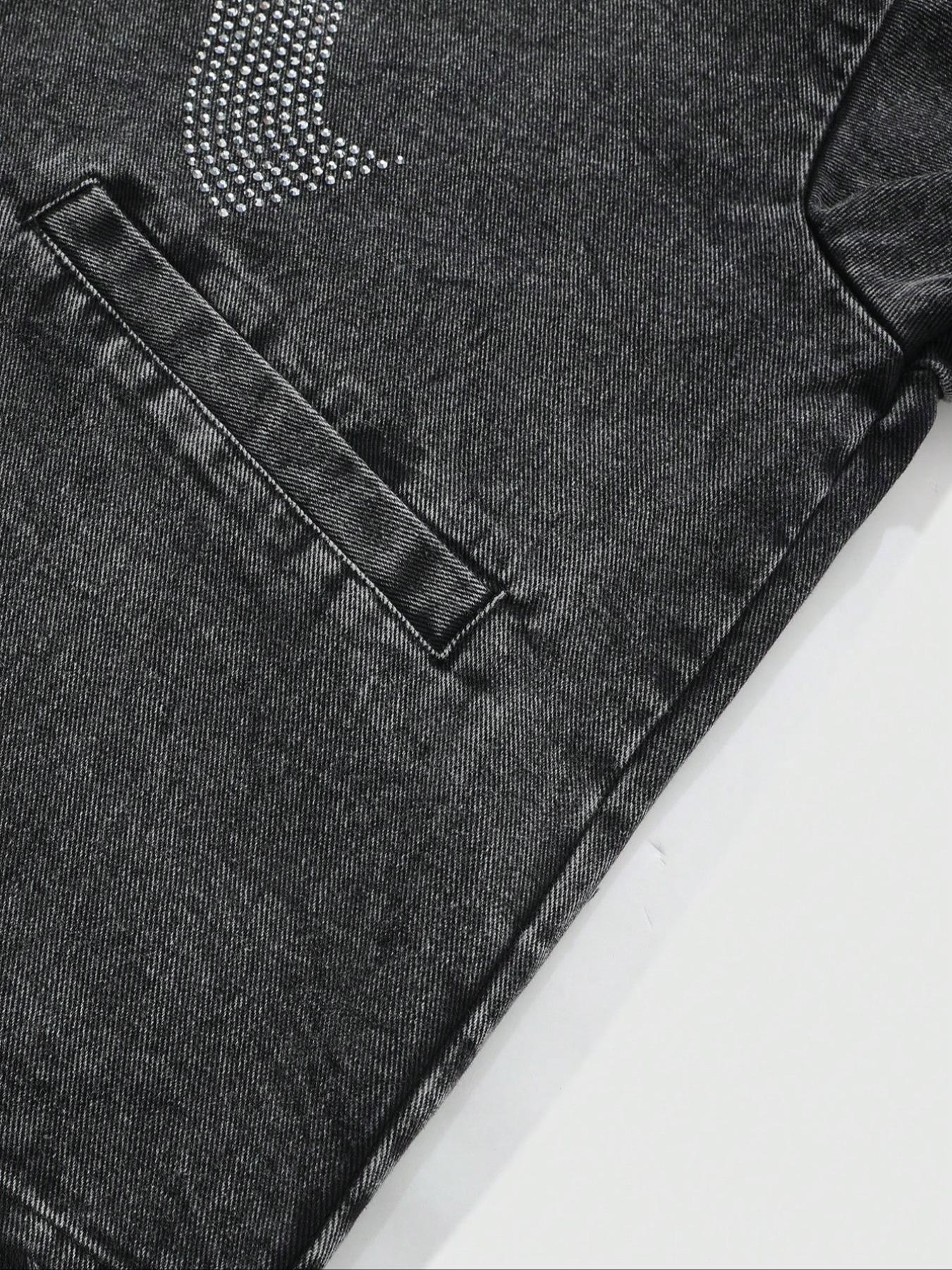 Men's Fashion Distressed Denim Jacket, Rhinestone Letter Print, Casual Street Style, Commuter Mood, Vintage Rocker Jacket, Star Design, Long Sleeves