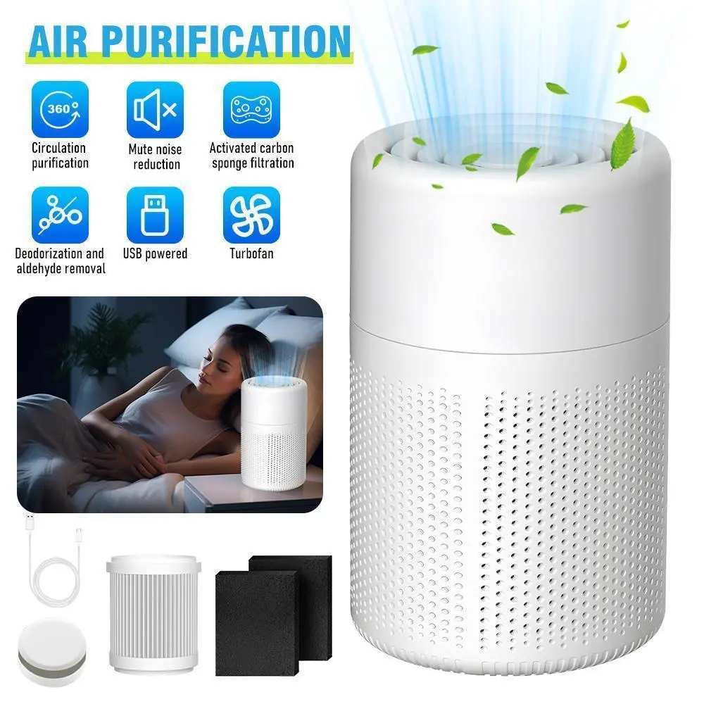 【BackToSchool】USB-Powered Compact Air Purifier (11x11x9 cm), 20dB Quiet Operation, Built-in Activated Carbon Layer + HEPA Sponge Purification, Odor & Pet Dander Remover for Living Room