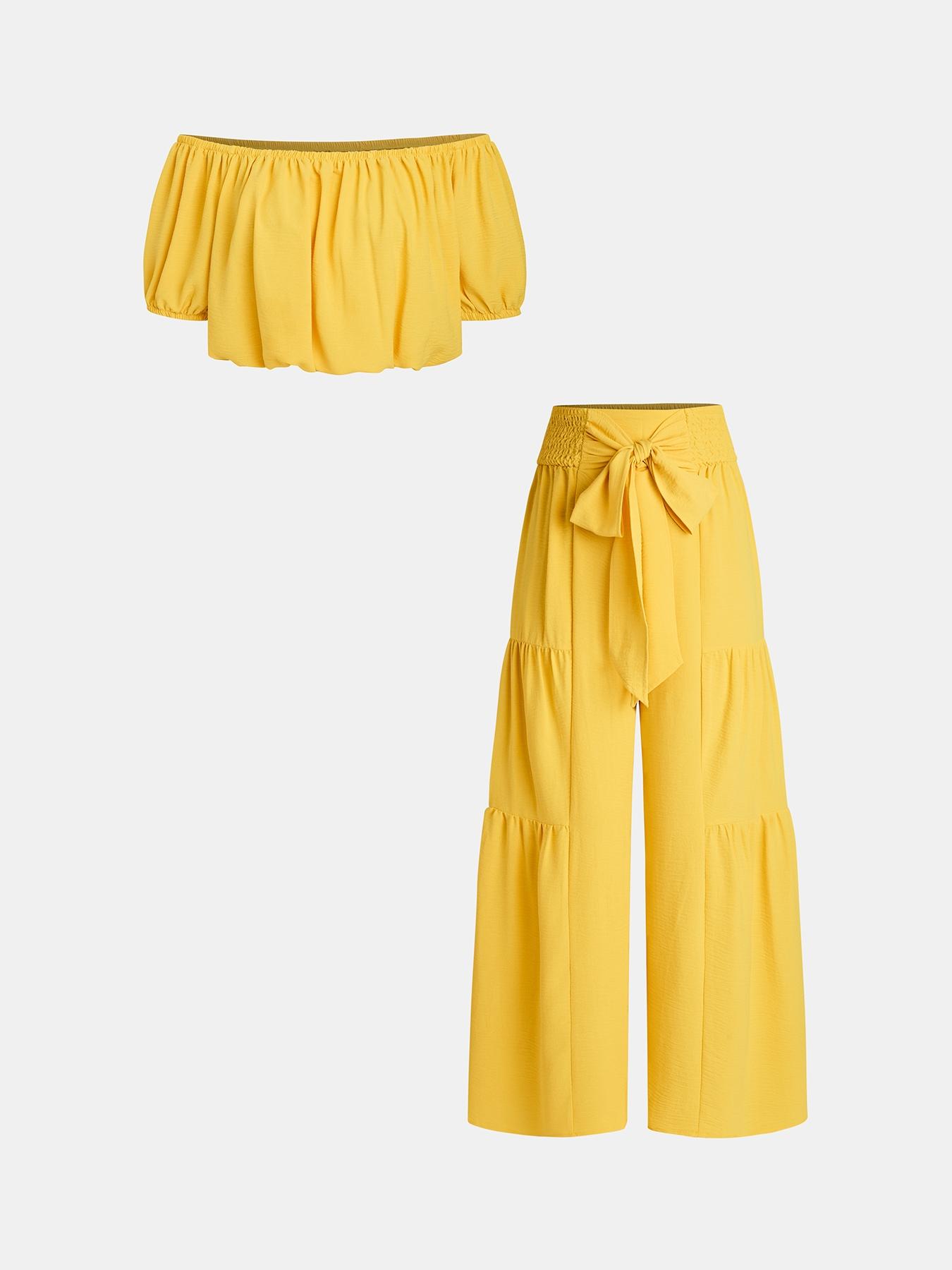 Summer Beach Vacation Bow Shoulderless Round Neck Shirt Wide Leg Pants Set, Casual Loose-Fitting, Women's Fashion, Womenswear Summer Beach Vacation Bow Shoulderless Round Neck Shirt Wide Leg Pants Set, Casual Loose-Fitting, Women's Fashion, Womenswear