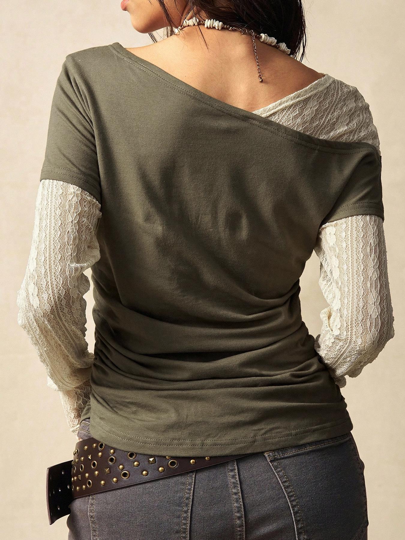 Letter Print Faux Two-Piece Long Sleeve Fitted T-Shirt, American Vintage Style, Casual Daily Wear, Street Fashion, Men's Clothing