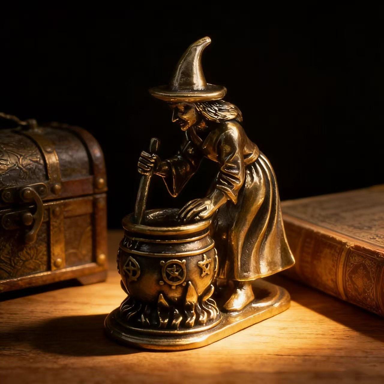 Vintage Brass Witch Grinding Pot Statue Figurine, Pentagram Magic Miniature Craft, Desktop Decoration, Collectible Wizardry Ornament, Creative Desk Tea Pet Gift