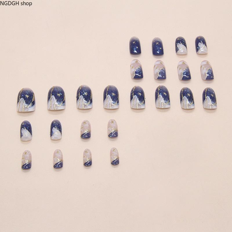 Nail Art - Navy Blue Galaxy Star Glitter Press On Nails Long Almond 3D Celestial Glam Fake Nails Nail Art Accessory Women