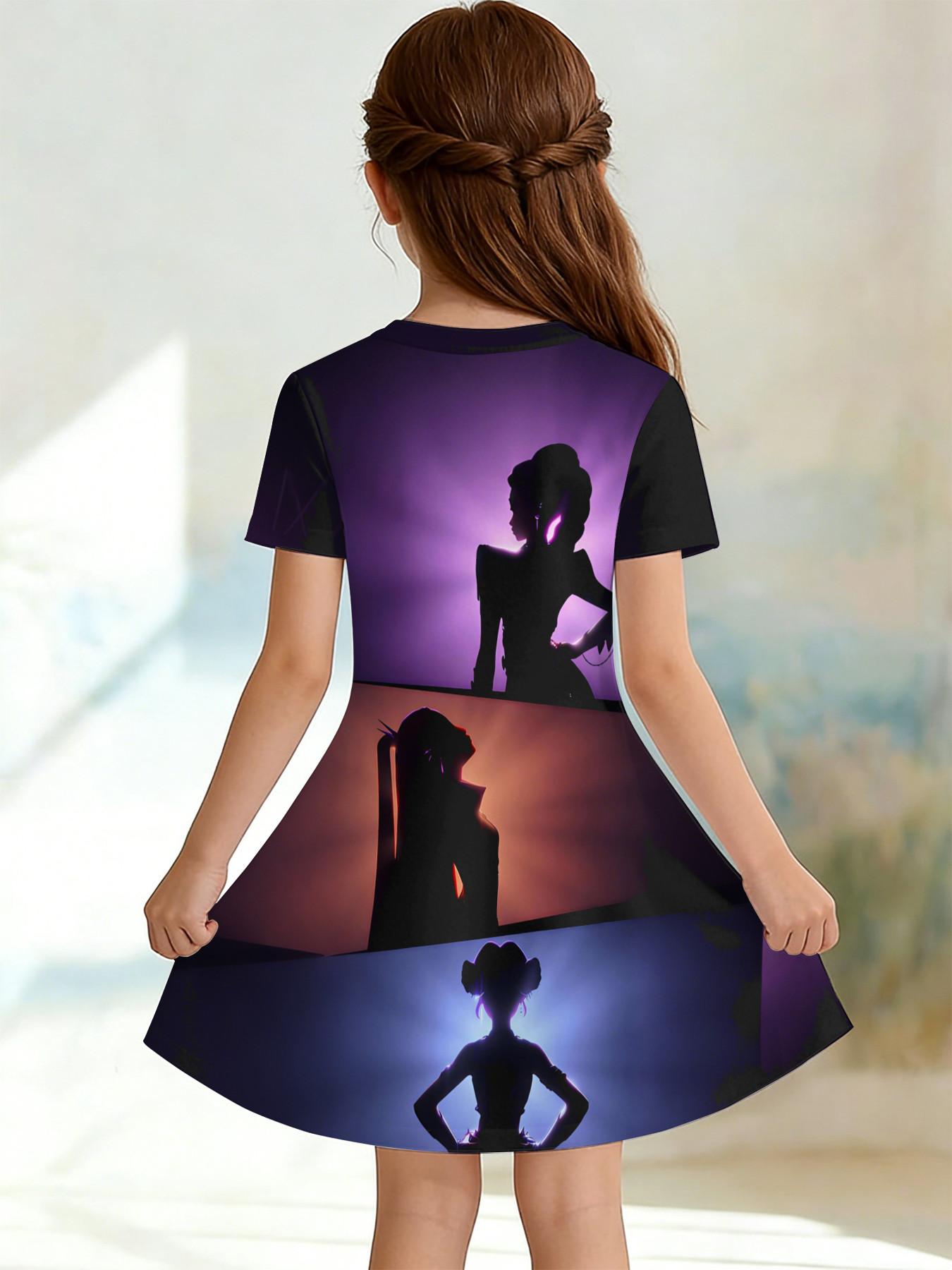 Girls' 3D Short Sleeve Dress, Gradient Kda Idol Full Print, Summer Party Wear, Perfect for Holidays, Birthday Gifts