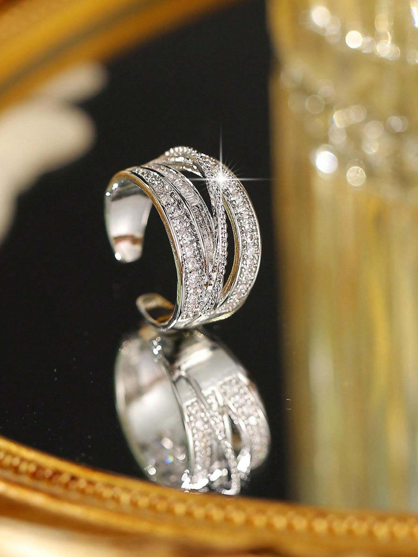 Luxury S925 Sterling Silver Multi-Layer Zircon Ring - Sparkling Crossover Design Statement Jewelry for Women, Ideal for Party & Daily Wear, Fashion Gift